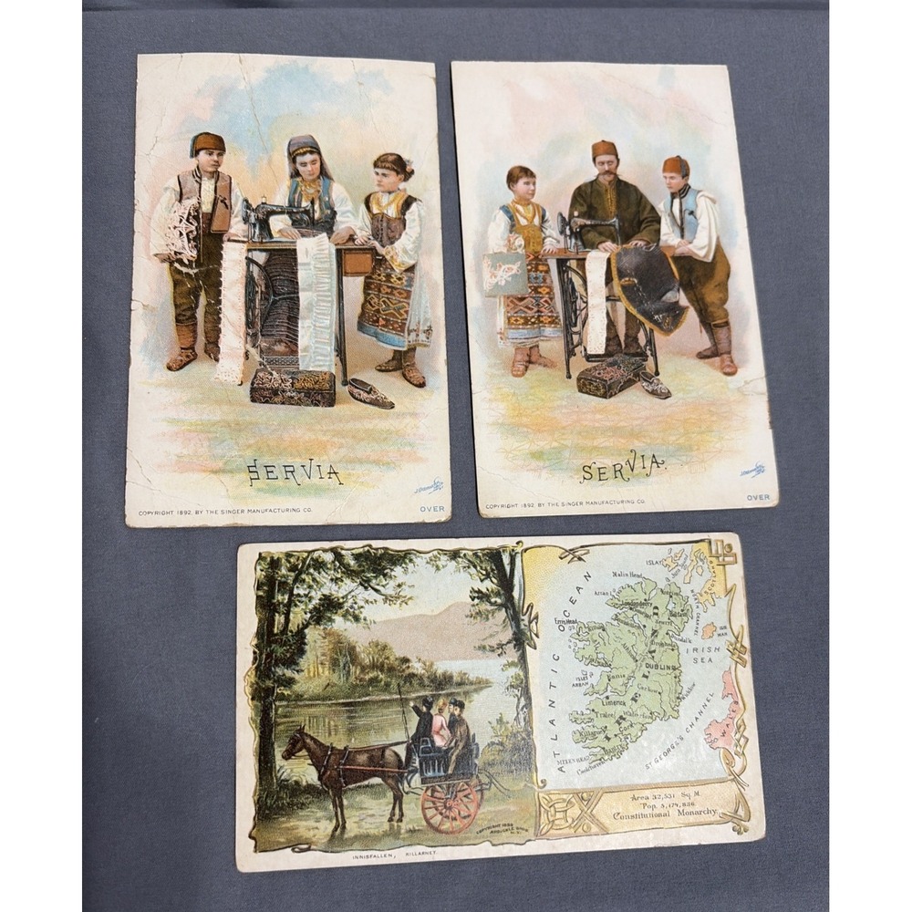Lot of 3 Antique Victorian Trade Cards 1892 Singer Sewing & Arbuckle Coffee Ire.